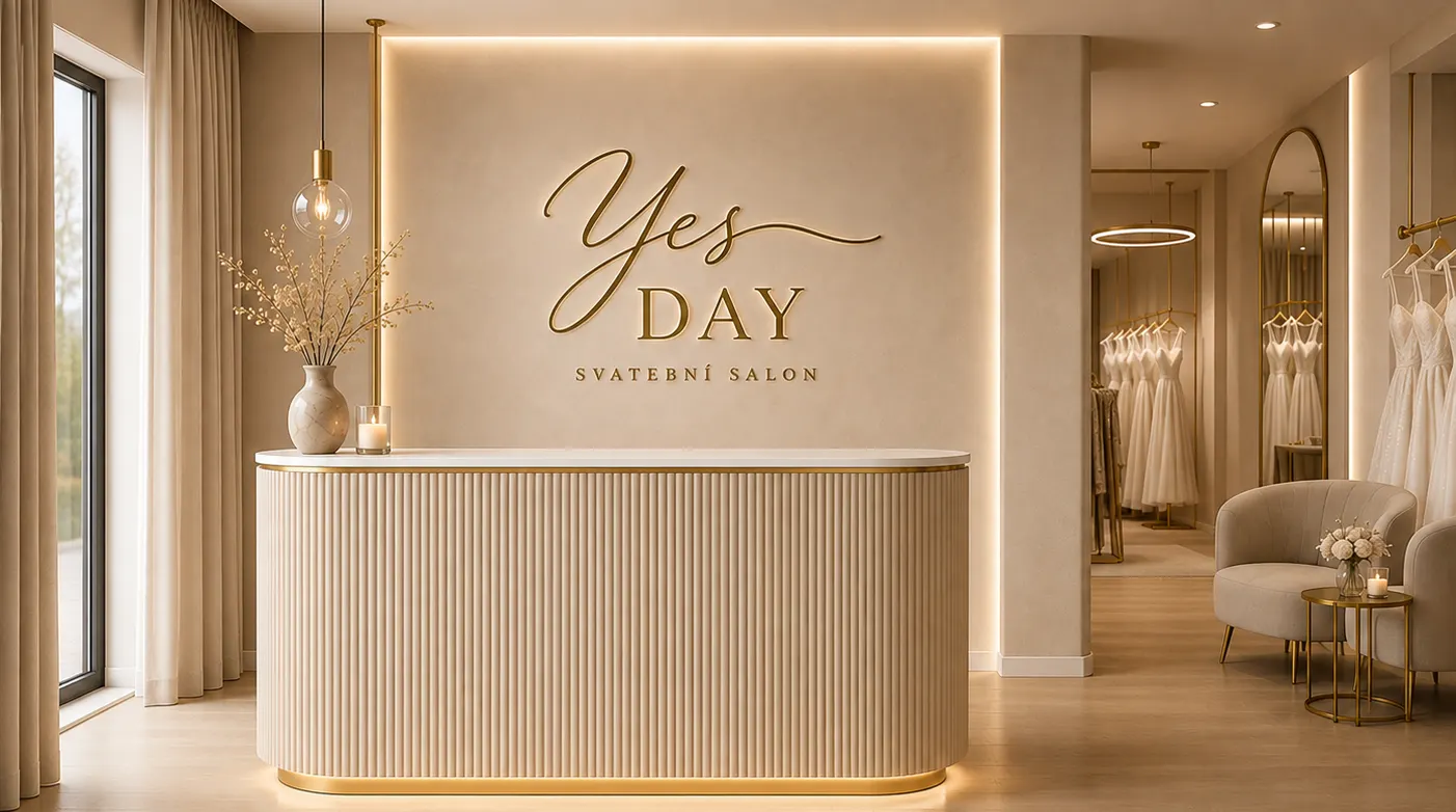 Recepce salonu se zlatým nápisem YES DAY svatební salon